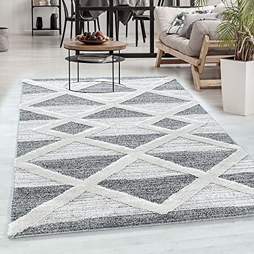 Carpetsale24 Teppich Wohnzimmer Hoch-Tief Effekt 3D Geometrisch Design Creme und Grau 160 x 230 cm - Hochflor Teppich Rauten-Boho Teppich Weich und Pflegeleicht - Elegante Teppiche für Küche Esszimmer