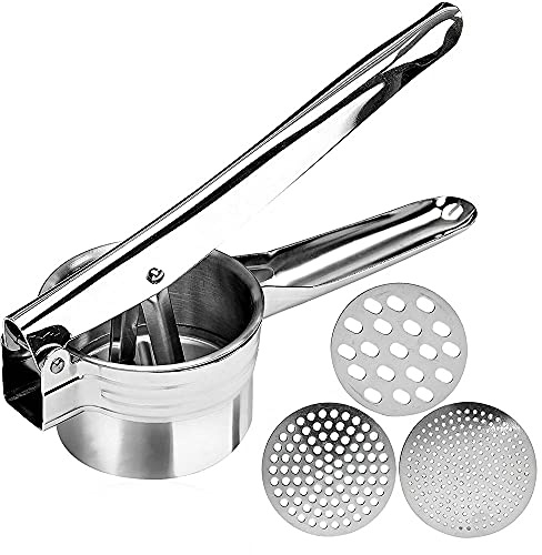 ANCLLO Schiacciapatate in Acciaio Inox – Schiacciapatate Manuale per Patate, Frutta, Verdura, Patate Dolci, Zucca, Alimenti per Bambini e Altro – 3 Dischi Intercambiabili per Fine, Medio e Grosso