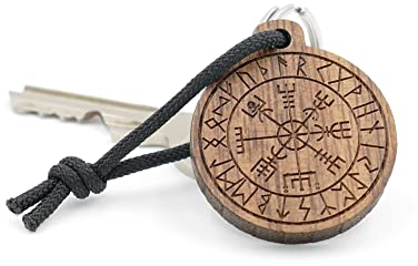 Laserfaktur Schlüsselanhänger Vegvisir aus Walnussholz | Wikinger Kompass | Runen