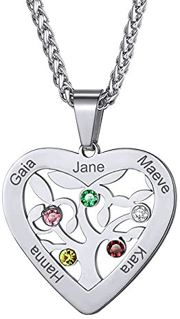 GoldChic Pendentif Femme Arbre de Vie Collier Personnalisé Prenom au Coeur Pierre de Naissance Nom Gravé Chaine Fille Acier Inoxydable Silver Bijoux Cadeau Fête des Mères Noël Mariage