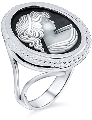 Bling Jewelry Klassischer Antiker Viktorianischer Stil Frauen Gerahmt Portrait Schwarz Weiß Oval Geschnitzt Kamee Ring Für Frauen .925 Sterlingsilber