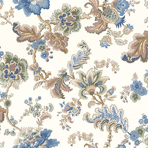 Rasch Tapete 710540 - Weiße Vliestapete mit großen Blumen in Grün, Beige und Blau aus der Kollektion Sophia - 10,05m x 0,53m (LxB)