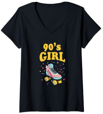 Damen Rollschuh 90s Girl Kostüm Kleidung Party Outfit Mode 90er T-Shirt mit V-Ausschnitt