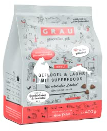 GRAU – das Original – Trockenfutter für Katzen, Geflügel & Lachs mit Superfoods, 1er Pack (1 x 400 g), glutenfrei, für erwachsene Katzen