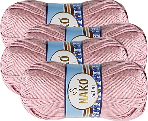 NAKO Satin-Strickgarn (4 Knäuel) je Knäuel (100 g), 100 % Premium-Mikro-Acryl-Satin-Strickgarn, Puder 5408