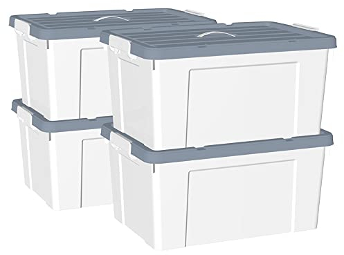 Cetomo 65L*4 Kunststoff-Aufbewahrungsbox Box mit haltbarem Deckel und Sicherheitsverschluss stapelbar und verschachtelbar 4 Stück Weiß