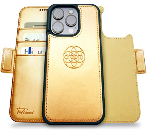 Dreem Fibonacci kompatibel mit iPhone 14 Pro Brieftaschen-Etui / 2-in-1 stoßfestes Etui und abnehmbares Folio aus veganem Leder, MagSafe-kompatibel, RFID-Schutz [Gold]