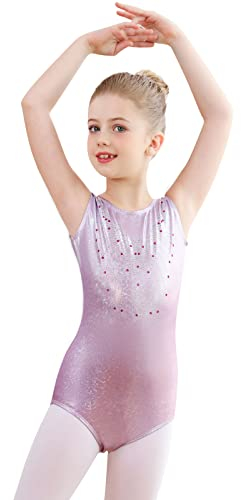 Monbessi Body Ginnastica Artistica Bambina Body da Balletto per Ragazze Body Ginnastica Ritmica Bambina Scintillante Collo Rotondo 5-12 Anni(130, Viola-Senza Maniche)
