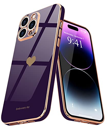 Teageo for iPhone 14 Pro Max Case Cute Heart Pattern for Women Girls Slim Luxury Bling Plating Soft TPU Anti-Scratch Shockproof Bumper Phone Case for iPhone 14 Pro Max, Dark Purple