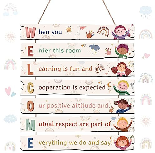 Harloon Boho Welcome Sign Rainbow Classroom Decorations Diversity Inspirational Classroom Educational Motivational Positive Quotes Wall Hanging Art Prints Plaque for Kids Teachers Bedroom Elementary