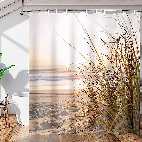 ALMONO Duschvorhang 120x200 Strand Duschvorhang Gras Badezimmer Vorhang Antischimmel Wasserdicht 3D Effekt Duschvorhänge Textil Polyester Stoff für Badewannen mit Haken