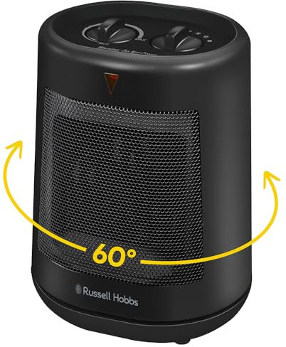 Russell Hobbs 2000W/2KW Electric Heater in Black PTC Ceramic Space Heater, Portable Oscillating 2 Heat Settings Overheat Protection, Adjustable Thermostat 20m2 Room Size RHFH1008B, 2 Year Guarantee