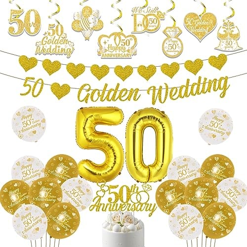 50th Golden Wedding Anniversary Decorations, We Still Do 50 Years Cheers to 50 Years Anniversary Celebration Party Supplies - Balloon Cake Topper Hanging Swirls Love Garland Banner