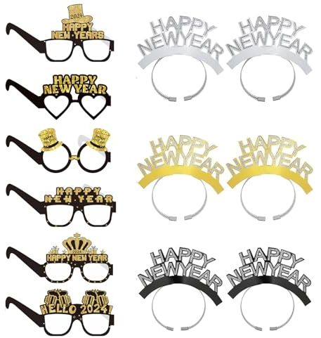 Partybrille Silvester Deko 2025,12 Stück Happy New Year Brille Haarreif,2025 Silvester Party Dekoration Accessoires,Neujahrsdeko Silvesterpartydeko,Happy New Year Stirnband Brillen für Foto Requisiten