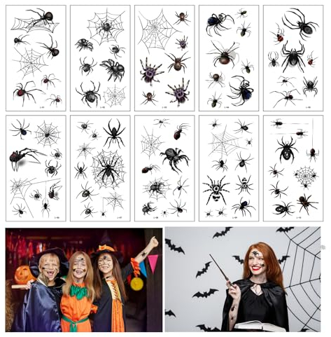 Spinnen Temporäre Tattoos 10 Blatt Halloween Temporäre Tattoos, Tattoo Gesichts Spinnen Spinnweben Aufkleber Gesicht Schwarze Spinne Tattoos für Halloween Kostüm Horror Halloweendeko