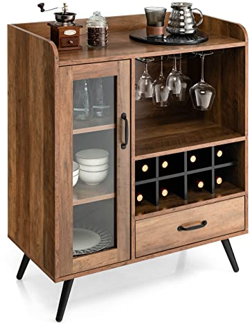 KOMFOTTEU Credenza Cucina Industriale, Cantinetta Vino Legno con Portaoggetti, Cassetto, Portabicchieri, Porta Bottiglie di Vino, Mobile Bar per Casa per Bottiglie di Vino, Liquori, Cucina, Bar