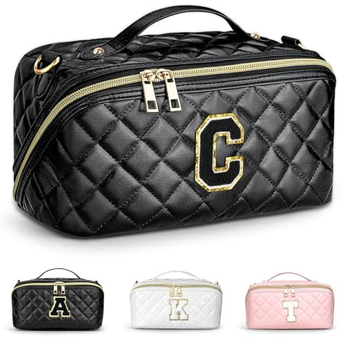TOPEAST Gesteppte Make-up-Tasche, große Kapazität, Kosmetiktasche, Initial-Make-up-Organizer-Tasche, Schwarz, C