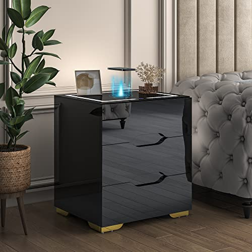 Cointwo Smart Bedside Table with Wireless & USB Charging, Led Nightstand, High Gloss End Table Organizer for Living Room & Bedroom (Black)