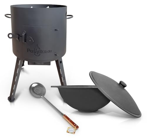 Utschak Feuerofen mit Gusseisen Topf flacher Boden mit Deckel 12 L Ø 40 cm Kazan Schaumlöffel für Plov 48 cm Учаг Uchag казан Kasan Oven (Set 2)