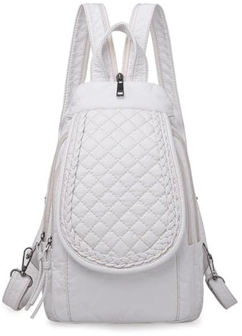 FULUJIDI Rucksäcke Daypacks Weicher Pu-Leder Rucksack Damen Kleine Brusttaschen Mode Schult Asche Freizeit Umhängetaschen Für Frauen 24Cm X 12Cm X 30Cm Weiß-3
