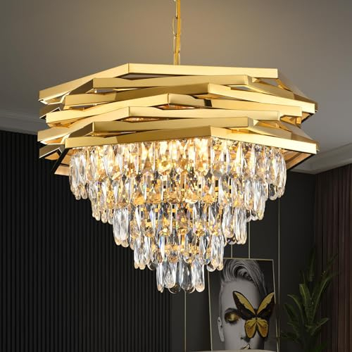 ZenithBeam Moderner Kristall Pendelleuchte Gold 60 Cm Rund Pendelleuchten K9 5 Etagen HäNgelampe, GroßEr Unterputz-Kronleuchter FüR Wohnzimmer, Eingangsbereich, Foyer, Treppe