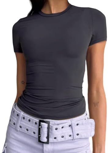 Cuptacc 2025 Damen Tshirt Sommer Einfarbig Skinny Slim Fit Top Teenager Mädchen Kurzarm Rundhals T Shirt Party Club Dunkelgrau S