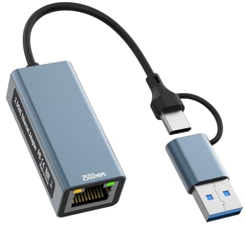 Adaptateur 2,5 G USB vers Ethernet, 2 en 1 USB-C vers RJ45 LAN réseau filaire 100/1000/2500 Mbps Ethernet pour PS4/5, Switch, Steam Deck, XPS, TV Box, iPad, MacBook, smartphone, tablette, ordinateur