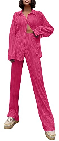 Modaworld Zweiteiler Damen Sommer Plissee Set Elegant Hosenanzug Button Down Langarmshirt Loungewear Set + High Waist Freizeithose Weite Hose Outfit Casual Streatwear