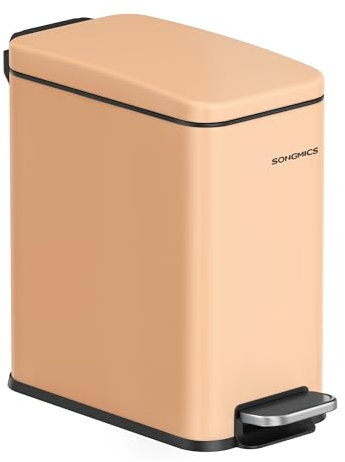 SONGMICS Bathroom Bin, 1.3 Gallon (5 L) Small Bin with Lid, Pedal Toilet Bin, Slim for Small Spaces, Steel, Soft Close, Peach Fuzz LTB560R01