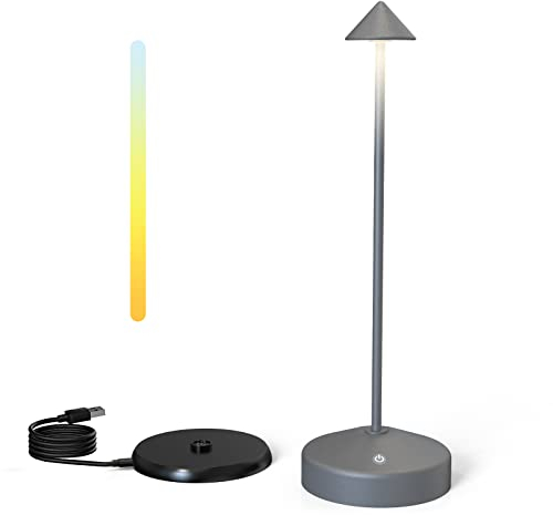 GGII Dimmbare LED Tischlampe, LED Akku Tischleuchte aus Aluminium, Tischlampen Kabellos Aufladbar, Wiederaufladbar und IP54 Wasserdicht, USB Lampe für Restaurant Terrasse Balkon, Esstisch(A-Grau)
