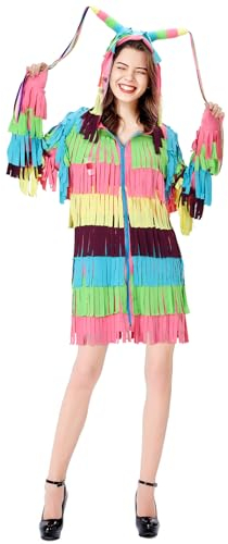 LIKUNGOU Farbiges Pinata Kostüm Geschichtete Fransen Kapuzenkleid Mexican Pinatas Zip-up Jacke Halloween Karneval Fiesta Outfit Erwachsene (XL)