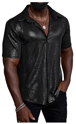 WDIRARA Men's 70s Disco Top Crocodile Pattern PU Leather Short Sleeve Shirt