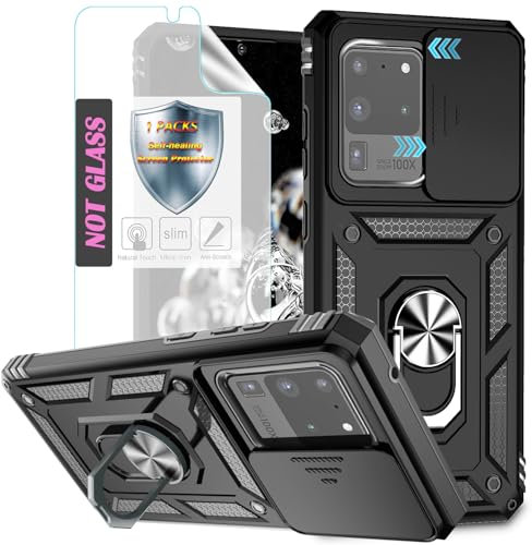 YmhxcY Handyhülle Für Samsung Galaxy S20 Ultra Hülle,[mit 1 Stück Schutzfolie],360°Drehen Metallständer，Stoßfester Schutz Hartschale，Schiebende Kameraabdeckung，Samsung S20 Ultra case-Schwarz