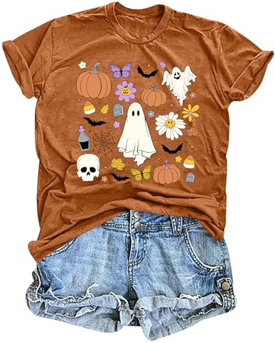 hohololo Damen Halloween Tshirt Haloween Geist Grafik Shirt KüRbis Skeletact Oberteil,Braun-A,L