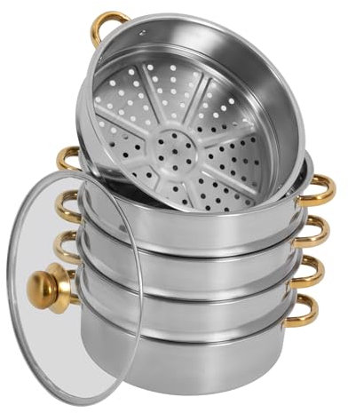 Olla de vapor de 5 niveles con inserto de vapor, juego de olla de vapor con tapa de cristal, olla de acero inoxidable con baño maría para cocinar al vapor, cacerola (plata, 26 x 42 cm)