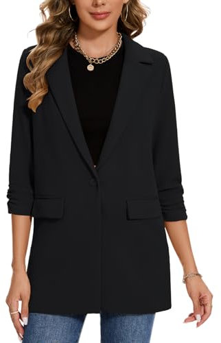 MINTLIMIT Mid Length Long Blazer for Women Lightweight with One Button Closure and 3/4 Ruched Sleeves (Black XXL)
