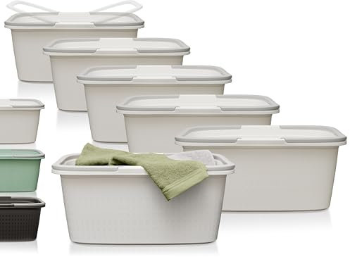 Hausfelder Wanne 6er Set weiß 58x37x25cm, Wäschewamme und Wäschekorb 35 l aus Kunststoff XXL (Weiß, 6 Wannen)