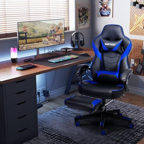 YU YUSING Sedia Gaming Massaggiante, Sedia PC Ergonomica da Ufficio | Altezza Regolabile, Sedia Ufficio con Supporto Lombare e Poggiatesta, Pelle PU con Poggiapiedi Retrattile, Nero e Blu