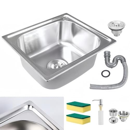 Kitchen Sink, Single Bowl Sink Inset 42x37x14.5CM, Steel Stainless Hand Drainer with Drain Fittings and Overflow for Utility Rooms Kitchens Bars Pubs