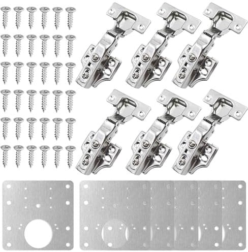 6 PCS Charnière Porte Placard 105 Degré,Complètement Recouvrante Charniere Porte Cuisine avec 6 PCS Plaque Reparation Charniere Porte,Charnières Pour Placards,pour Chambre à Coucher Salle à Manger