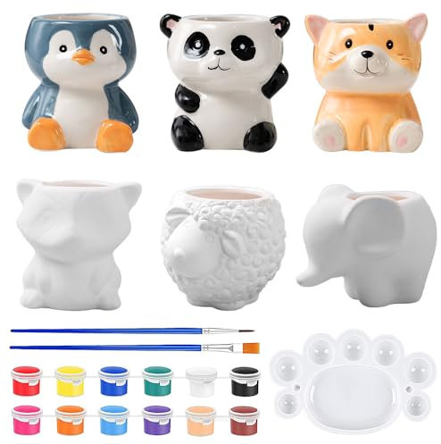 Vmxlso Lot de 21 pots de fleurs en céramique à peindre soi-même - 6 pots de fleurs à peindre - Pot de fleurs en céramique avec trou de drainage - Pots en céramique Bisque pour enfants, salle de