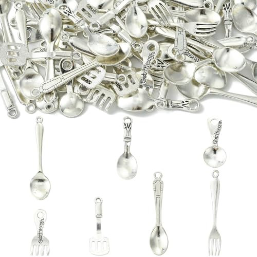 UR URLIFEHALL 70 Pcs 7 Styles Tibetan Tableware Charms Antique Silver Fork Spoon Charms for Jewellery Making Table Kitchen Crafts Decortive