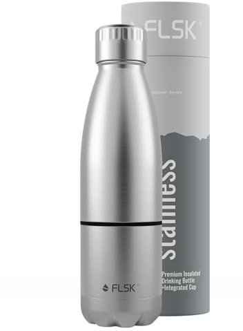 FLSK Trinkflasche mit Becher – Premium Edelstahl Thermosflasche mit 2-in-1-System – 100 % auslaufsicher & kohlensäuregeeignet – hält 24 h kalt & 18 h heiß – BPA-frei (stainless)