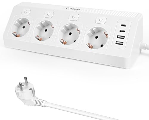 Pfloge® Regletas Enchufes con USB, 4 Puertos, 2 USB A+2 USB C, Regleta con Interruptor, Cable de 2m, Diseño En Ángulo De 90° para Smartphone, Portátil, Hogar