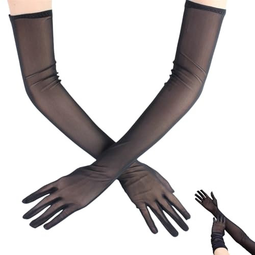 Lange Handschuhe Damen,Elegant Tüll Handschuhe aus Nylon,Hautfarbe Schwarz Handschuhen Kostüm,Stilvolle Long Armstulpen Gloves,für Hochzeiten,Abend Party,Opernaufführungen,Halloween (Schwarz, M)
