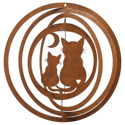 Windspiel aus Edelrost mit 2 Katzen - 3D Metall Windspiel für Garten - Balkon - Rostdeko Hängedeko - Geschenkidee für Katzenliebhaber - Ø ca. 24 cm
