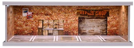 1:43 Diorama Garage Modell, Dreifarbige Beleuchtung Modellautos Vitrine | Stadt Parkplatz Szene Display Case, Diecast-Garage mit einstellbarer Helligkeit, Showroom Werkstatt Modell (Red Brick)