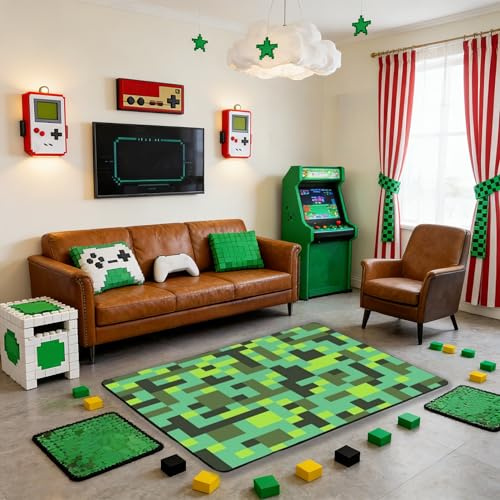 Pixel Grid Miners Kinderteppich, geometrisches Raster, Patchwork, Pixelierte Bodenmatte, Eingangsteppich für Mädchen und Jungen, Cartoon-Gamepad, Videospiele, rutschfester Teppich, Cyangrün, Couch