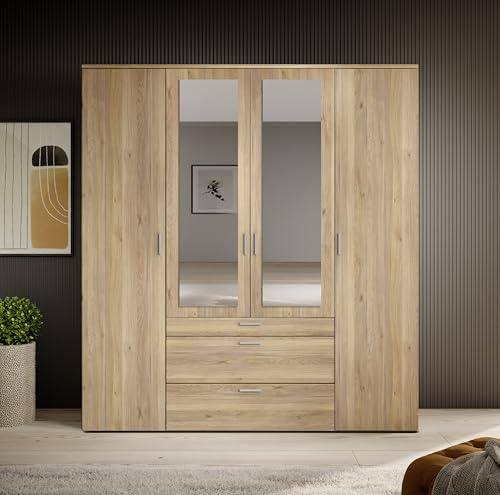 Arthauss Charming Vesala 4 Hinged Door Wardrobe with Mirror – Oak Mauvella W180 x H195 x D56 cm | Spacious Classic Storage with Drawers
