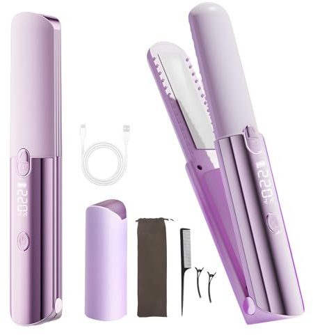 Plancha de pelo y rizador inalámbrico 3 en 1, miniplancha con batería de 5000 mAh para larga duración, máx. 220 °C, plancha portátil con 7 niveles de temperatura, plancha de viaje recargable por USB